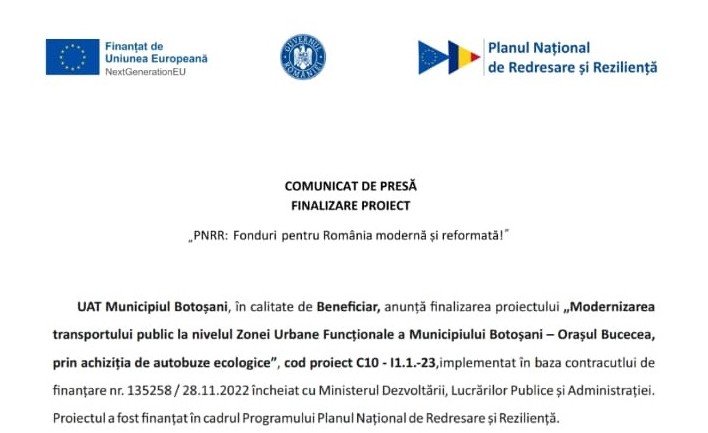 Comunicat de presa privind finalizarea proiectului Modernizarea transportului public in Zona Urbana Funktionala a Municipiului Botosani Orasul Bucecea prin achizitia de autobuze ecologice