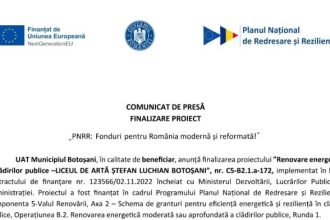 Comunicat de presa privind finalizarea proiectului Renovarea energetica a cladirilor publice Liceul de Arta Stefan Luchian Botosani