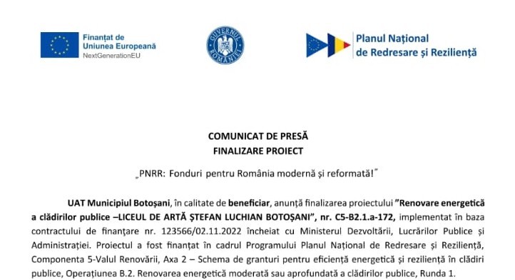 Comunicat de presa privind finalizarea proiectului Renovarea energetica a cladirilor publice Liceul de Arta Stefan Luchian Botosani