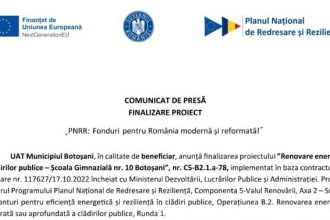 Comunicat de presa privind finalizarea proiectului Renovarea energetica a cladirilor publice Scoala Gimnaziala nr 10 Botosani