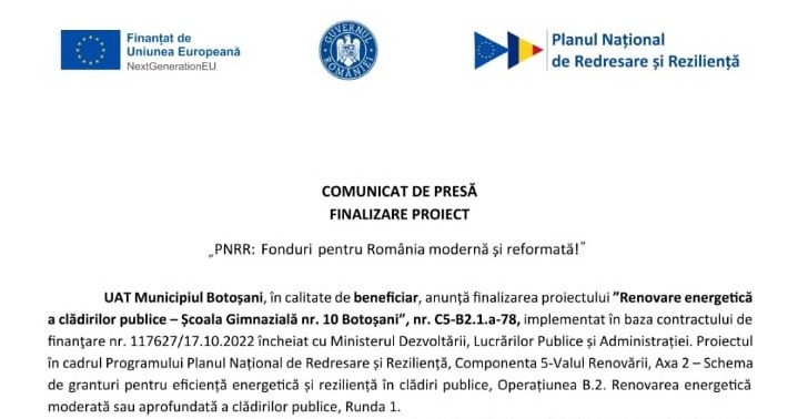 Comunicat de presa privind finalizarea proiectului Renovarea energetica a cladirilor publice Scoala Gimnaziala nr 10 Botosani