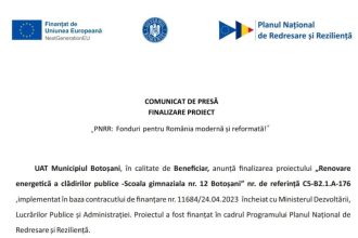 Comunicat de presa privind finalizarea proiectului Renovarea energetica a cladirilor publice Scoala Gimnaziala nr 12 Botosani